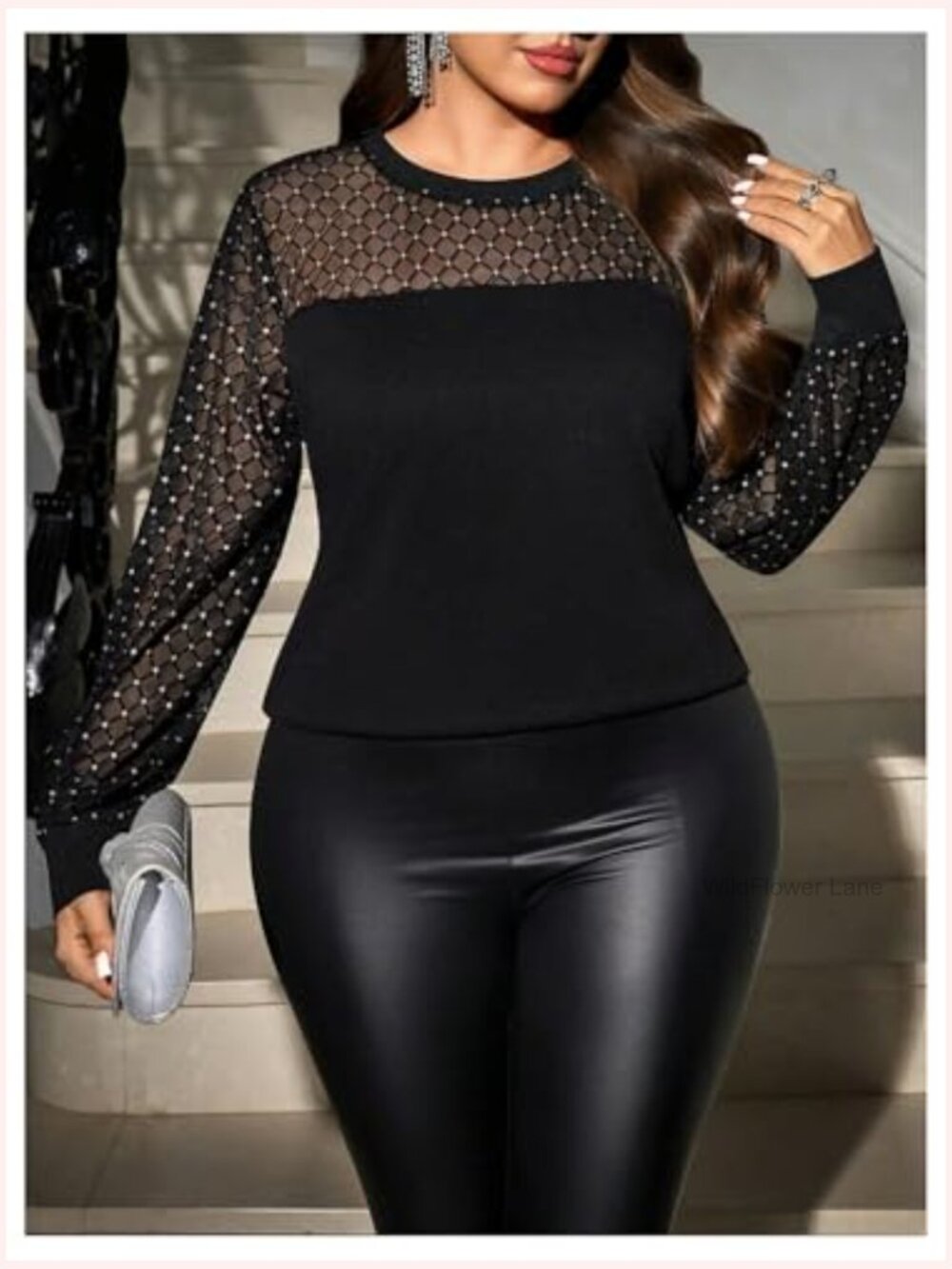 Plus Size Sequin Mesh Patchwork Long Sleeve Blouse Tops View 5